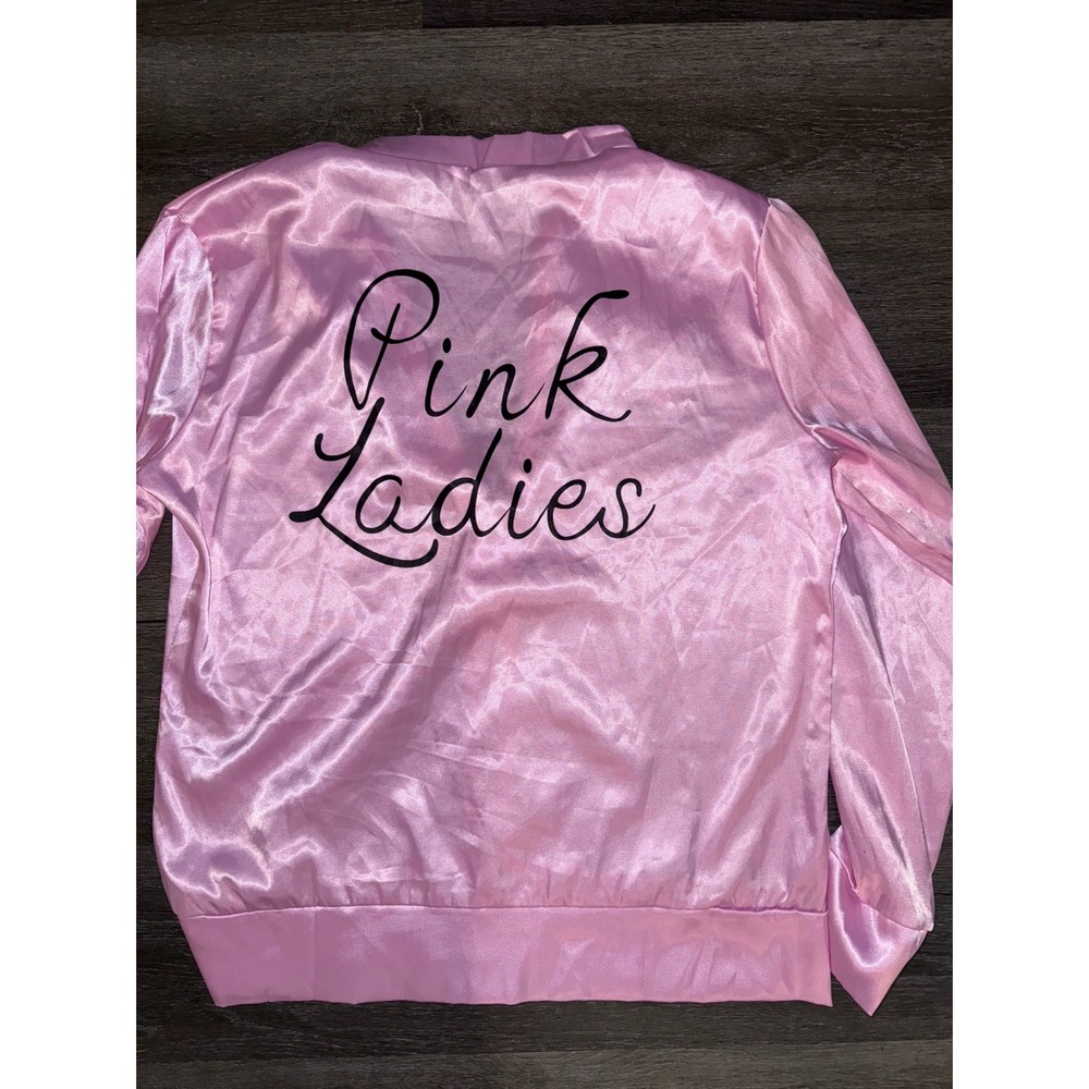 Grease Pink Ladies Costume Jacket Satin Pink Womens Size Medium Zip Up Bomber - Picture 6 of 7